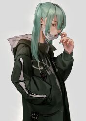 Rule 34 | 1girl, aqua eyes, aqua hair, earrings, green jacket, hatsune miku, highres, hood, hooded jacket, jacket, jewelry, long hair, looking at viewer, mask, miku day, mouth mask, natsu kumo719, simple background, solo, tagme, twintails, very long hair, vocaloid, white background