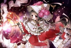 Rule 34 | 1girl, black hair, capelet, choker, copyright request, flower, hat, hat flower, holding, holding wand, japanese clothes, kimono, long sleeves, magical girl, mamaloni, monkey, obi, pink flower, pink rose, red eyes, red kimono, rose, sash, smile, solo, wand, white capelet, white hat