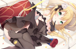 Rule 34 | 1girl, albacore (azur lane), albacore (beneath the black dress) (azur lane), ass, azur lane, black gloves, black thighhighs, blonde hair, blush, breasts, cisyo, couch, dress, flower, frilled thighhighs, frills, gloves, green eyes, hair flower, hair ornament, highres, jewelry, lifted by self, long hair, looking at viewer, lying, necklace, no panties, on side, pearl necklace, pillow, rose, see-through, small breasts, smile, thighhighs, tongue, tongue out, white flower, white rose