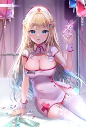 Rule 34 | 1girl, absurdres, banned artist, blue eyes, breasts, cleavage, collared dress, commission, dress, garter straps, hat, highres, holding, large breasts, long hair, looking at viewer, mayo (miyusa), nurse, nurse cap, open mouth, original, second-party source, short dress, short sleeves, sitting, solo, syringe, thighhighs, very long hair, white dress, white hair, white thighhighs, wrist cuffs, yokozuwari, zettai ryouiki