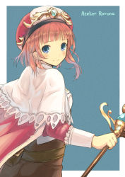 Rule 34 | 1girl, atelier (series), atelier rorona, bad id, bad pixiv id, blue eyes, blush, capelet, copyright name, female focus, hat, holding, kaito (k4itoh), looking at viewer, orange hair, rororina fryxell, short hair, solo, staff