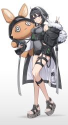 Rule 34 | 1girl, absurdres, arknights, black coat, black gloves, black hair, breasts, coat, commentary, contrapposto, fingerless gloves, full body, fur trim, gloves, grey eyes, grin, hair intakes, highres, holding, holding stuffed toy, la pluma (arknights), large breasts, long sleeves, short hair, smile, solo, standing, standing on one leg, stuffed toy, symbol-only commentary, thigh strap, toeless footwear, yeong r6