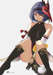 Rule 34 | 1girl, absurdres, arm at side, arm between legs, arm guards, armpits, artist name, bare shoulders, black gloves, blue hair, breast curtain, breasts, clenched teeth, collarbone, collared shirt, dark blue hair, detached sleeves, elbow gloves, embarrassed, eyelashes, female focus, genshin impact, gloves, half-closed eyes, highres, japanese clothes, jewelry, knee socks, knees up, kujou sara, legs, looking to the side, magui3, mask, mask on head, medium breasts, medium hair, mihoyo, neck, necklace, obi, on floor, parted bangs, sandals, sash, shirt, sidelocks, simple background, sitting, sleeveless, sleeveless shirt, socks, swept bangs, tassel, teeth, tengu, tengu mask, thighs, tomoe (symbol), unworn sandals, vision (genshin impact), white background, wide sleeves, yellow eyes