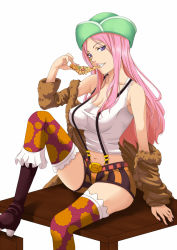 Rule 34 | 1girl, breasts, cleavage, eating, female focus, food, hat, jewelry bonney, long hair, navel, one piece, patterned legwear, pink hair, pizza, sabaody archipelago, seven (11), shorts, sitting, solo, suspenders
