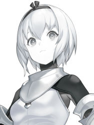 Rule 34 | 1girl, armor, breastplate, breasts, close-up, colored skin, commentary request, grey eyes, greyscale, hairband, km yama, looking at viewer, monochrome, original, short hair, small breasts, smile, white background, white hair, white skin, white theme
