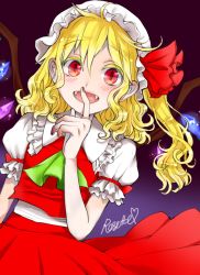 Rule 34 | 1girl, ascot, blonde hair, bow, colored eyelashes, crystal, curly hair, fangs, finger to mouth, flandre scarlet, gradient background, hair bow, hat, mob cap, open mouth, puffy short sleeves, puffy sleeves, red eyes, red skirt, rosette (roze-ko), short hair, short sleeves, side ponytail, skirt, skirt set, slit pupils, smile, solo, touhou, vampire, wings, wrist cuffs