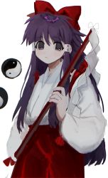 Rule 34 | 1girl, b nosk101, bow, closed mouth, commentary request, cowboy shot, detached sleeves, gohei, hair bow, hair tubes, hakama, hakama skirt, hakurei reimu, hakurei reimu (pc-98), highres, holding, holding stick, japanese clothes, long hair, looking at viewer, miko, orb, purple eyes, purple hair, red bow, red skirt, ribbon trim, simple background, skirt, solo, stick, touhou, white background, yin yang, yin yang orb