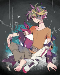 Rule 34 | 1boy, arm scarf, barefoot, belt, body horror, boots, chimerism, extra pupils, fusion, hat, highres, jewelry, male focus, multicolored hair, patchwork clothes, patchwork skin, pendant, puppet strings, sakaki yuya, smile, stick figure, stitched arm, stitched face, stitched leg, stitched neck, stitches, tasutekete, top hat, torn clothes, yu-gi-oh!, yu-gi-oh! arc-v, yuugo (yu-gi-oh!), yuuri (yu-gi-oh!), yuuto (yu-gi-oh!)