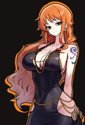 Rule 34 | 1girl, alternate costume, arm tattoo, black dress, breasts, chain, clothes lift, curvy, dress, earrings, gold chain, groin, highleg, highres, hip vent, jewelry, large breasts, long hair, looking at viewer, meme, meme attire, modakawa dress, nami (one piece), one piece, open clothes, open dress, orange eyes, orange hair, redpostit, shiny skin, sleeveless, sleeveless dress, solo, tattoo, tight clothes, tight dress, very long hair, wide hips