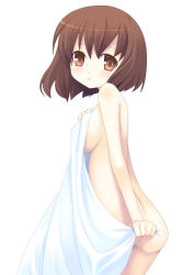 Rule 34 | 1girl, ass, blush, breasts, brown eyes, brown hair, cowboy shot, from behind, from side, holding, holding towel, kagura mizuki, looking at viewer, looking back, medium breasts, nude, original, parted lips, short hair, simple background, solo, towel, white background, white towel