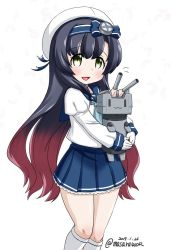 Rule 34 | 1girl, black hair, blue hairband, blue neckerchief, blue ribbon, blue sailor collar, blue skirt, commentary request, dated, feet out of frame, gloves, gradient hair, green eyes, hairband, hat, kantai collection, kneehighs, long hair, long sleeves, masara (chuujou), matsuwa (kancolle), multicolored hair, neckerchief, one-hour drawing challenge, pleated skirt, purple hair, rensouhou-chan, ribbon, sailor collar, sailor hat, school uniform, serafuku, simple background, skirt, socks, solo, standing, tareme, twitter username, white background, white gloves, white hat, white socks
