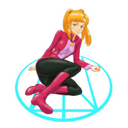 Rule 34 | 1girl, absurdres, aobito sukoyaka bystander, black legwear, blonde hair, boots, breasts, clenched hand, densetsu kyojin ideon, frown, full body, highres, kasha imhof, long hair, long sleeves, lying, on side, parted bangs, pink footwear, sidelocks, simple background, small breasts, solo, white background