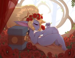 Rule 34 | 1girl, barefoot, bed sheet, big hair, blonde hair, closed mouth, colored skin, completely nude, feet, flower, from side, full body, half-closed eyes, highres, huffslove, league of legends, legs, long hair, lying, nude, on back, pointy ears, poppy (league of legends), purple eyes, purple skin, smile, soles, solo, thick thighs, thighs, toes, twintails, wide hips, window, yordle
