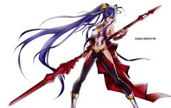 Rule 34 | 1girl, absurdly long hair, antenna hair, backless outfit, bare shoulders, holding behind back, black pants, blazblue, blazblue: central fiction, blazblue variable heart, blue hair, boots, bow, breasts, cape, fingerless gloves, frown, full body, genderswap, genderswap (mtf), gloves, hair between eyes, hair bow, halterneck, high heel boots, high heels, highres, holding, holding weapon, jpeg artifacts, knee boots, large breasts, long hair, lowleg, lowleg pants, mai natsume, midriff, navel, no bra, no panties, outseal, pants, polearm, ponytail, purple eyes, revealing clothes, ribbon, sideboob, sidelocks, simple background, sisamakon, solo, spear, standing, thighs, very long hair, weapon, white background, yellow bow