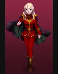 Rule 34 | 1girl, 9s0ykoyama117, absurdres, alternate hairstyle, black cape, black footwear, blonde hair, blue eyes, boots, cape, char&#039;s counterattack, char aznable, char aznable (cosplay), closed mouth, commentary, cosplay, darjeeling (girls und panzer), frown, full body, girls und panzer, gradient background, gundam, hair down, highres, long hair, long sleeves, looking at viewer, military, military uniform, pants, pillarboxed, red background, red pants, solo, standing, uniform