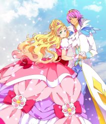 Rule 34 | 1boy, 1girl, bad id, bad pixiv id, blonde hair, bow, brooch, choker, cloud, couple, cure flora, cure flora (mode elegant), day, dress, dress bow, earrings, eyelashes, gloves, go! princess precure, gradient hair, green eyes, haruno haruka, hetero, highres, jewelry, just926, long hair, looking at viewer, magical girl, mode elegant (go! princess precure), multicolored hair, pink bow, pink dress, pink eyes, pink hair, precure, prince kanata, puffy sleeves, scepter, short hair, sky, standing, streaked hair, uniform, very long hair, white bow, white gloves
