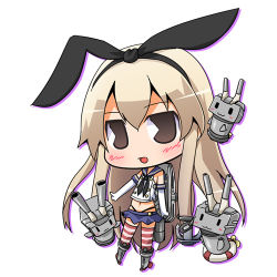 Rule 34 | 1girl, 3others, anchor hair ornament, black hairband, black neckerchief, black panties, blonde hair, blue sailor collar, blue skirt, chibi, commentary request, crop top, elbow gloves, full body, gloves, grey eyes, hair ornament, hairband, highleg, highleg panties, kantai collection, long hair, looking at viewer, lowres, machinery, microskirt, miniskirt, multiple others, neckerchief, pac-man eyes, panties, pleated skirt, rensouhou-chan, sailor collar, shimakaze (kancolle), simple background, skirt, striped clothes, striped thighhighs, suntail, thighhighs, underwear, white background, white gloves