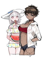 Rule 34 | ..., 2girls, absurdres, albino, bad id, bad pixiv id, bandeau, bikini, blue eyes, breasts, brown hair, closed mouth, couple, cropped legs, dark-skinned female, dark skin, fish (food), food, food in mouth, frilled bikini, frills, fruit, grey hair, grilled eel, hand in pocket, hat, highres, holding, holding food, holding fruit, hood, hoodie, interracial, looking at viewer, micchan (ohisashiburi), mouth hold, multiple girls, nacchan (ohisashiburi), ohisashiburi, open clothes, open hoodie, pink eyes, short hair, short shorts, shorts, simple background, sun hat, swimsuit, tomboy, underboob, watermelon, white background
