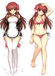 Rule 34 | 1girl, :o, absurdres, amane (dream c club), arm up, armpits, bare legs, barefoot, bed sheet, bikini, blush, bow, breasts, cleavage, cleavage cutout, clothing cutout, cropped, dakimakura (medium), detached sleeves, dream c club, dream c club (series), feet, front-tie bikini top, front-tie top, full body, hair bow, highres, juliet sleeves, leg up, long hair, long sleeves, lying, medium breasts, morisawa haruyuki, multiple views, navel, on back, parted lips, puffy sleeves, red bikini, red eyes, red hair, scan, side-tie bikini bottom, sidelocks, smile, swimsuit, thigh gap, thighhighs, underboob, white thighhighs