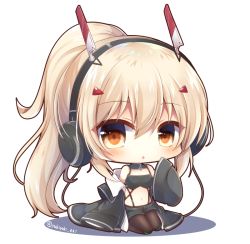 Rule 34 | 1girl, ayanami (azur lane), ayanami (rock &#039;n&#039; demon) (azur lane), azur lane, bare shoulders, black jacket, black pantyhose, black shorts, blush, breasts, brown eyes, chibi, cleavage, commentary request, crop top, full body, hair between eyes, hair ornament, hairclip, hand up, headgear, headphones, high ponytail, jacket, light brown hair, long hair, looking at viewer, navel, off shoulder, open clothes, open jacket, pantyhose, parted lips, ponytail, seiza, short shorts, shorts, sitting, sleeves past fingers, sleeves past wrists, small breasts, solo, twitter username, very long hair, white background, wide sleeves, yukiyuki 441