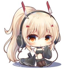 1girl ayanami_(azur_lane) ayanami_(rock_&#039;n&#039;_demon)_(azur_lane) azur_lane bare_shoulders black_jacket black_pantyhose black_shorts blush breasts brown_eyes chibi cleavage commentary_request crop_top full_body hair_between_eyes hair_ornament hairclip hand_up headgear headphones high_ponytail jacket light_brown_hair long_hair long_sleeves looking_at_viewer navel off_shoulder open_clothes open_jacket pantyhose parted_lips ponytail seiza short_shorts shorts sitting sleeves_past_fingers sleeves_past_wrists small_breasts solo twitter_username very_long_hair white_background wide_sleeves yukiyuki_441