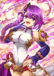 1girl bare_shoulders braid breasts dashinoya detached_sleeves floral_background gloves hair_ornament kamimusubi_(p&amp;d) large_breasts leotard long_braid long_hair looking_at_viewer magatama open_mouth purple_eyes purple_gloves purple_hair puzzle_&amp;_dragons single_glove smile solo white_leotard