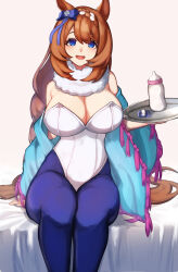 Rule 34 | 1girl, animal ears, baby bottle, blue eyes, blue pantyhose, blue shawl, bottle, bow, braid, breasts, brown hair, cleavage, ear bow, feet out of frame, highres, horse ears, horse girl, horse tail, large breasts, leotard, long hair, mekasouru, multicolored hair, nontraditional playboy bunny, pantyhose, shawl, simple background, smile, solo, strapless, strapless leotard, super creek (umamusume), tail, tray, umamusume, very long hair, white background, white hair, white leotard