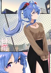Rule 34 | 1girl, absurdres, ahoge, alternate costume, alternate hairstyle, black skirt, blue hair, brown sweater, building, character name, closed mouth, collarbone, commentary, contemporary, curled horns, dated, fav faris, floating hair, ganyu (genshin impact), genshin impact, goat horns, highres, horns, jewelry, long hair, long sleeves, looking at viewer, necklace, outdoors, ponytail, purple eyes, red horns, side slit, sidelocks, skirt, sky, sleeves past wrists, solo, sweater, symbol-only commentary