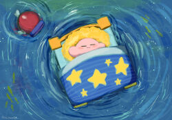 Rule 34 | afloat, bed, blipper, blush stickers, closed eyes, colored skin, copy ability, creature, fish, goggles, highres, kirby, kirby (series), leo taranza, nintendo, no humans, pillow, pink skin, ripples, sleeping, smile, star (symbol), under covers