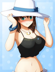 Rule 34 | 1girl, bare shoulders, bikini, black bikini, braid, breasts, brown hair, charlotte corday (fate), charlotte corday (swimsuit caster) (fate), charlotte corday (swimsuit caster) (first ascension) (fate), cleavage, collarbone, fate/grand order, fate (series), green eyes, hasebe akira, hat, jewelry, large breasts, looking at viewer, navel, necklace, pendant, short hair, side braid, solo, sun hat, swimsuit, thighs, white hat