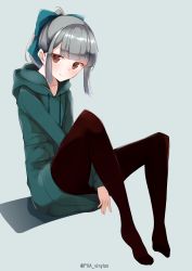 Rule 34 | 1girl, absurdres, black pantyhose, blunt bangs, bow, brown eyes, commentary request, dress, green bow, green dress, grey background, grey hair, hair bow, highres, hood, hooded dress, hoodie, kantai collection, looking at viewer, pantyhose, ponytail, simple background, sitting, solo, sweater, sweater dress, twitter username, uut, yuubari (kancolle)