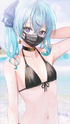 Rule 34 | 1girl, arm behind head, arm up, armpits, bad id, bad twitter id, bare arms, bare shoulders, beach, bikini, black bikini, black choker, black mask, blue eyes, blue hair, blue ribbon, blurry, blurry background, breasts, choker, collarbone, commentary, earrings, flat chest, front-tie bikini top, front-tie top, hair between eyes, hair ribbon, halterneck, highres, hololive, hoshimachi suisei, jewelry, light blush, looking at viewer, mask, mouth mask, navel, ocean, outdoors, ponytail, ribbon, sanada keisui, side ponytail, sidelocks, small breasts, solo, star (symbol), star earrings, swimsuit, underboob, upper body, virtual youtuber, water, wet, wet clothes, wet hair, wet swimsuit