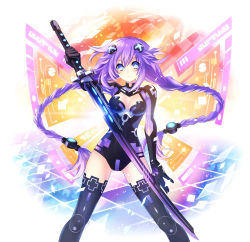 Rule 34 | 10s, 1girl, absurdres, black thighhighs, blue eyes, blush, braid, breasts, breasts apart, choujigen action neptune u, cleavage, cleavage cutout, clothing cutout, cowboy shot, cross, emblem, fighting stance, floating hair, glint, gloves, gradient background, headgear, highres, hip focus, holding, holding weapon, huge weapon, legs apart, leotard, long hair, looking at viewer, magical girl, neon trim, neptune (neptunia), neptune (series), official art, power symbol, power symbol-shaped pupils, purple hair, purple heart (neptunia), red cross, serious, solo, sword, symbol-shaped pupils, thighhighs, tsunako, turtleneck, twin braids, very long hair, weapon