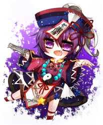 Rule 34 | alternate costume, bad id, bad pixiv id, fang, hat, kaenuco, miyako yoshika, outstretched arms, purple eyes, purple hair, solo, touhou, yin yang, zombie pose