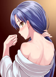 Rule 34 | 1girl, adjusting hair, back, bare shoulders, blue hair, blush, brown background, brown eyes, closed mouth, commentary request, dan (orange train), fingernails, from behind, gradient background, hands up, holding, holding own hair, idolmaster, idolmaster (classic), idolmaster million live!, kisaragi chihaya, light frown, long hair, long sleeves, looking at viewer, looking back, nape, profile, solo, upper body
