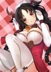Rule 34 | 1girl, alternate costume, animal ears, azur lane, bell, black hair, blush, bow, braid, breasts, brown eyes, cat ears, dress, elbow gloves, fake antlers, fur-trimmed legwear, fur trim, garter straps, gloves, hair intakes, hair ornament, hands up, highres, knees up, large breasts, long hair, ooshio (azur lane), ooshio (the reindeer&#039;s present) (azur lane), parted bangs, parted lips, pink background, plaid, plaid background, pupps, red bow, red dress, simple background, solo, thighs, twin braids, white gloves, x hair ornament