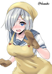 Rule 34 | 1girl, apron, bandana, blue eyes, blue sailor collar, breasts, collarbone, hair ornament, hair over one eye, hairclip, hamakaze (kancolle), highres, kantai collection, large breasts, looking at viewer, open mouth, oven mitts, sailor collar, school uniform, serafuku, short hair, silver hair, simple background, solo, takomeshi, twitter username, upper body, white background, yellow apron
