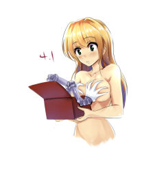 Rule 34 | 1girl, blonde hair, blush, box, breasts, collarbone, grabbing, grabbing another&#039;s breast, green eyes, holding, long hair, original, parted lips, simple background, solo, topless, white background, windforcelan