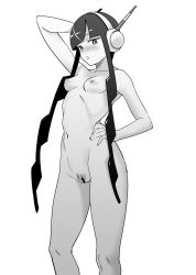 Rule 34 | 1girl, arm up, arms up, ass, bar censor, bare arms, bare legs, bare shoulders, belly, blunt bangs, blush, breasts, cameltoe, censored, closed mouth, collarbone, commission, creatures (company), elesa (pokemon), embarrassed, feet out of frame, female focus, female pubic hair, frown, game freak, gluteal fold, greyscale, hair bun, hand on own hip, headphones, large areolae, light smile, long hair, looking at viewer, looking to the side, makino harumaki, midriff, monochrome, navel, nintendo, nipples, nude, pokemon, pokemon bw2, pubic hair, puffy areolae, puffy nipples, pussy, sidelocks, simple background, single hair bun, skeb commission, small breasts, smile, solo, stomach, sweat, sweatdrop, swept bangs, thighs, white background