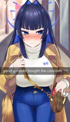 Rule 34 | 1girl, averting eyes, bag, blue eyes, blue pants, blush, breasts, coat, condom box, denim, english text, fake screenshot, hair intakes, handbag, highres, hololive, hololive english, jeans, large breasts, nixour, official alternate costume, official alternate hair length, official alternate hairstyle, ouro kronii, ouro kronii (casual), pants, pov, pov hands, snapchat, sweater, tight clothes, tight pants, trench coat, turtleneck, turtleneck sweater, v-shaped eyebrows, virtual youtuber, white sweater, yellow coat