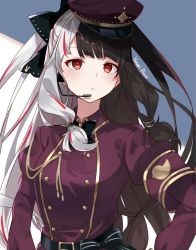 Rule 34 | 1girl, belt, black bow, black hair, blush, bow, dress, hair bow, hands on own hips, headset, highres, hikari yui, long hair, long sleeves, looking at viewer, military, military uniform, multicolored hair, nijisanji, open mouth, parted lips, red dress, red eyes, red hair, red headwear, silver hair, solo, split-color hair, standing, streaked hair, twintails, two-tone hair, uniform, virtual youtuber, yorumi rena, yorumi rena (2nd costume)