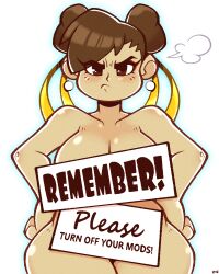 Rule 34 | 1girl, asymmetrical bangs, bare arms, bare legs, bare shoulders, blush, breasts, brown eyes, brown hair, capcom, censored, chun-li, collarbone, corner2corner nude chun-li mod (meme), covering privates, double bun, earrings, english text, hair bun, hands on own hips, highres, jewelry, large breasts, legendofnerd, meme, nude cover, solo, street fighter, street fighter 6