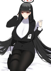 Rule 34 | 1girl, absurdres, black hair, black jacket, blue archive, breasts, chixiao, halo, highres, holstered, huge breasts, id card, jacket, long hair, pantyhose, red eyes, rio (blue archive), sitting, solo, sweater, turtleneck, turtleneck sweater, unfinished, watch, white sweater, wristwatch