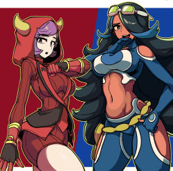 Rule 34 | 2girls, :d, :o, absurdres, black gloves, black hair, blue eyes, blue hair, blue pants, blue shirt, blush, breasts, clenched hand, clothing cutout, commentary, courtney (pokemon), cowboy shot, creatures (company), crop top, dark-skinned female, dark skin, fake horns, game freak, gloves, goggles, goggles on head, groin, hair between eyes, hair over one eye, hand on own hip, highres, hood, hood up, horned headwear, horns, large breasts, long hair, long sleeves, looking at viewer, makeup, masgamjya, midriff, multicolored hair, multiple girls, navel, nintendo, open mouth, outline, pants, pokemon, pokemon oras, purple eyes, purple hair, red background, red sweater, ribbed sweater, shelly (pokemon), shirt, short hair, shoulder cutout, sidelocks, simple background, smile, standing, sweater, swept bangs, team aqua, team aqua uniform, team magma, team magma uniform, teeth, two-tone background, two-tone hair, uniform, upper teeth only, very long hair
