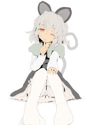 Rule 34 | 1girl, absurdres, animal ears, bloomers, bob cut, capelet, finger to mouth, grey hair, highres, ishikkoro, mouse ears, mouse tail, nazrin, one eye closed, pantyhose, pantyhose under shorts, red eyes, short hair, shorts, simple background, sitting, smile, solo, tail, touhou, underwear, white background, white pantyhose, wink