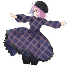 Rule 34 | 1girl, absurdres, alternate costume, beret, checkered clothes, checkered dress, commentary, dress, fate/grand order, fate (series), glasses, hat, highres, kou mashiro, long sleeves, looking at viewer, looking back, mash kyrielight, open mouth, outstretched arms, pantyhose, pink hair, purple eyes, short hair, simple background, smile, solo, spread arms, unmoving pattern, white background