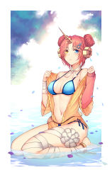 Rule 34 | 1girl, absurdres, bandaged arm, bandaged leg, bandages, bare shoulders, barefoot, bikini, blue bikini, blue eyes, blue sky, blush, border, breasts, chain, choker, cleavage, closed mouth, collarbone, commentary request, cuffs, day, double bun, eyes visible through hair, falling petals, fate/grand order, fate (series), frankenstein&#039;s monster (fate), frankenstein&#039;s monster (swimsuit saber) (fate), frankenstein&#039;s monster (swimsuit saber) (first ascension) (fate), full body, hair bun, hair ornament, hairclip, headgear, heterochromia, highres, horns, jacket, kimsw0522, looking at viewer, medium breasts, navel, open clothes, open jacket, orange jacket, parted bangs, petals, petals on liquid, pink hair, ribbon choker, see-through, seiza, short hair, single horn, single sleeve, sitting, sky, sleeves past wrists, solo, stomach, swimsuit, water, wet, white border, white choker, yellow eyes