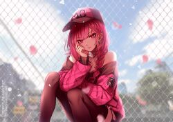 Rule 34 | 1girl, absurdres, azuukichan, bare shoulders, baseball cap, braid, breasts, chain-link fence, cherry blossoms, cleavage, collarbone, ear piercing, earrings, fence, hat, head on hand, highres, hololive, hololive english, jacket, jewelry, knees up, leggings, long hair, looking at viewer, medium breasts, mori calliope, off shoulder, piercing, pink eyes, pink hair, pink jacket, side braid, single braid, solo, virtual youtuber