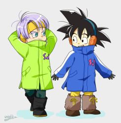 Rule 34 | 2boys, arms at sides, arms behind head, black eyes, black footwear, black gloves, black hair, blue coat, blue eyes, blush, boots, brown footwear, child, clothes writing, coat, collared coat, dot nose, dragon ball, dragon ball super, dragon ball super broly, dragonball z, earmuffs, full body, gloves, green coat, grey background, hairband, kalno, looking at another, looking to the side, male focus, multiple boys, open mouth, popped collar, purple hair, shadow, signature, simple background, smiley face, son goten, spiked hair, standing, talking, teeth, trunks (dragon ball), twitter username, upper teeth only, winter clothes, winter coat, yellow hairband