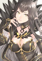 Rule 34 | 1girl, akapug621, bad id, bad pixiv id, black dress, black hair, breasts, cleavage, commentary request, dress, fate/grand order, fate (series), feather trim, large breasts, long hair, pointy ears, semiramis (fate), sidelocks, solo, very long hair, yellow eyes
